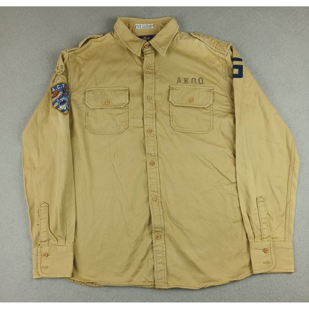 Akoo Button Down Shirt Mens XL Khaki Tan Military Patch Streetwear Cotton L/S